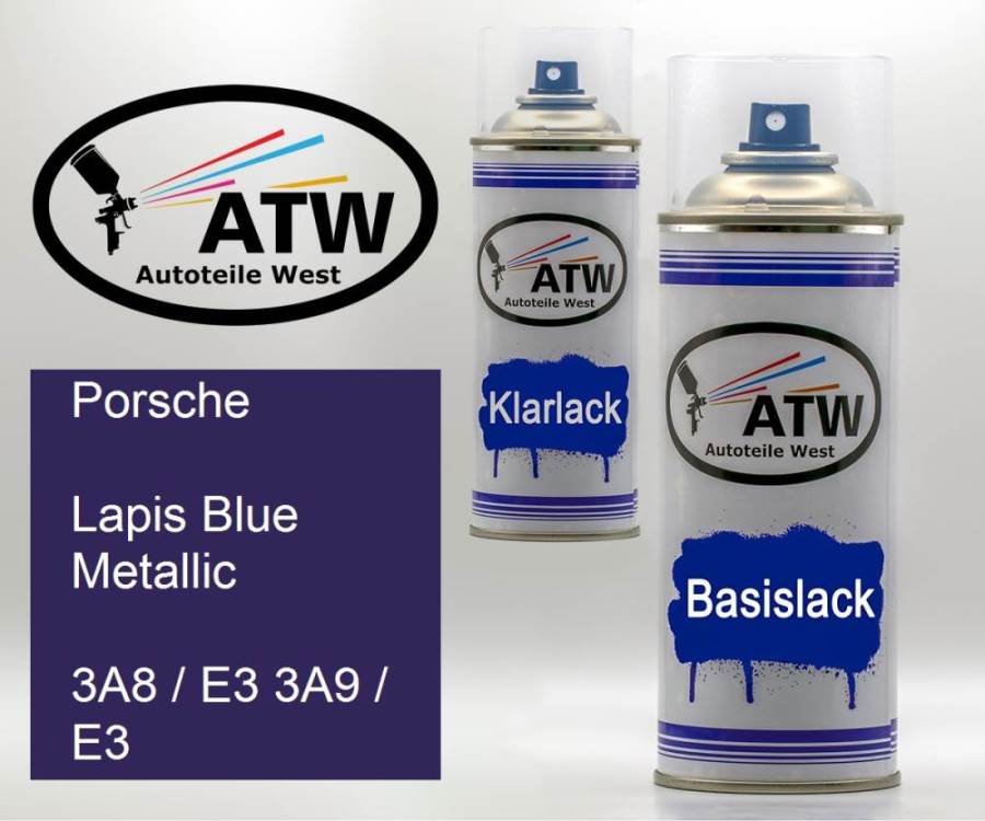Porsche, Lapis Blue Metallic, 3A8 / E3 3A9 / E3: 400ml Sprühdose + 400ml Klarlack - Set, von ATW Autoteile West.
